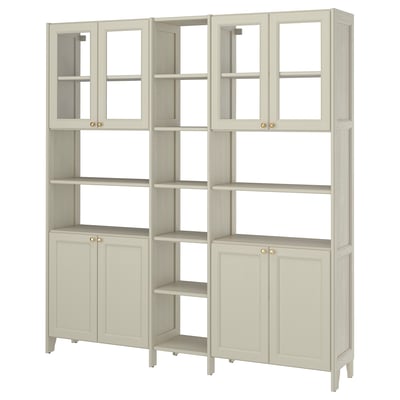 GULDDRAGARE Storage combination, beige clear glass/with doors with shelves, 200x37x216 cm