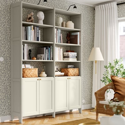 GULDDRAGARE Storage combination, beige/with 4 doors with shelves, 159x37x216 cm