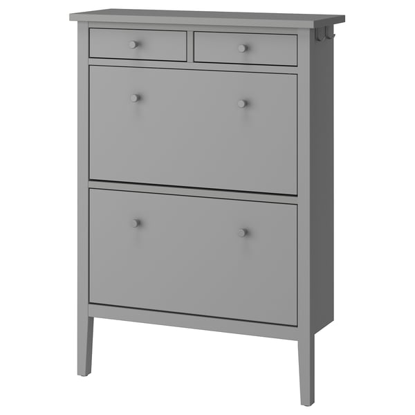 Gullaberry light grey shoe cabinet with drawers and wooden knobs.