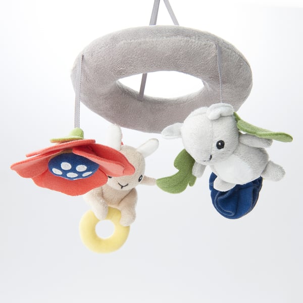 Crib mobile with plush animals and colourful leaves. The soft toys hang from a grey hoop, and the design stimulates a babys senses and vision.
