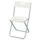 GUNDE chair, white, plastic seat, metallic legs, foldable, wall hangable, compact design for easy storage.