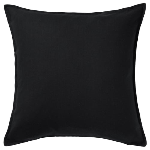 A square black GURLI cushion cover. Its made from 100% cotton and a simple, zippered design.