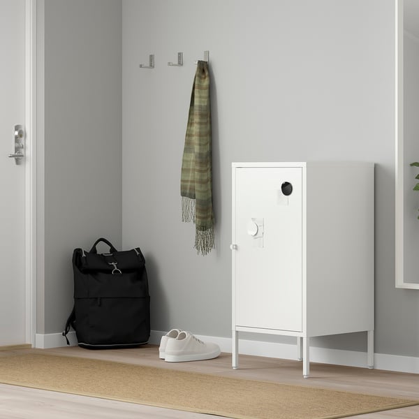 Small white HÄLLAN cabinet, backpack, scarf - storage & memo.