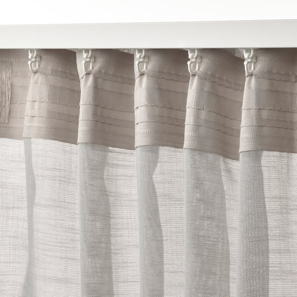 HÄLLEBRÄCKA Sheer curtains, 1 pair, light grey/with heading tape, 145x300 cm