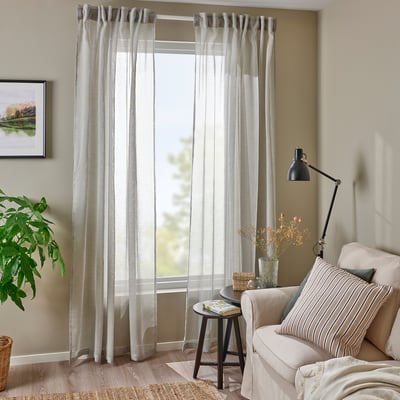 HÄLLEBRÄCKA Sheer curtains, 1 pair, light grey/with heading tape, 145x300 cm