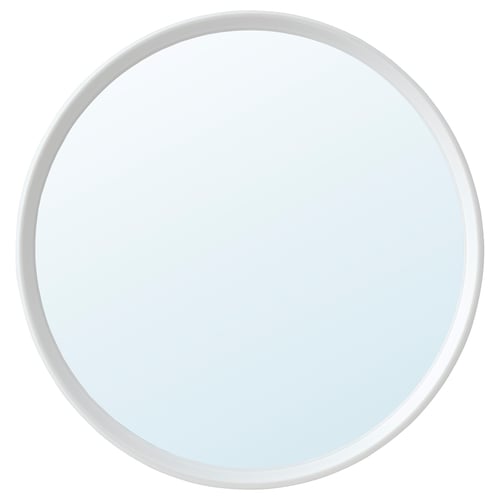 A round, white HÄNGIG mirror, perfect for kids, with a plastic frame and acrylic surface, detachable with a modern design.