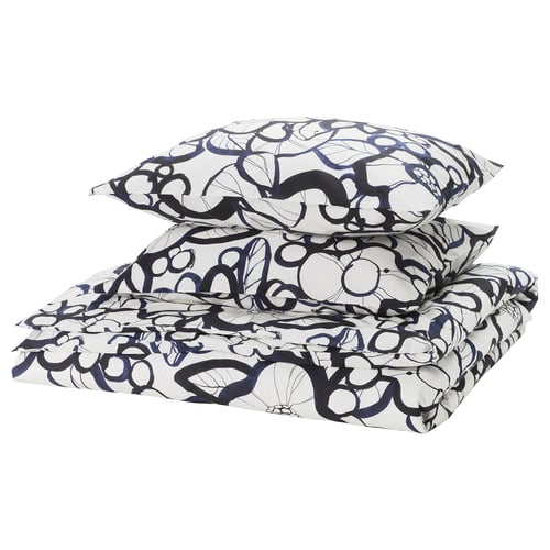 HÄRLIR Duvet cover and 2 pillowcases, white black/blue floral pattern, 240x220/50x60 cm