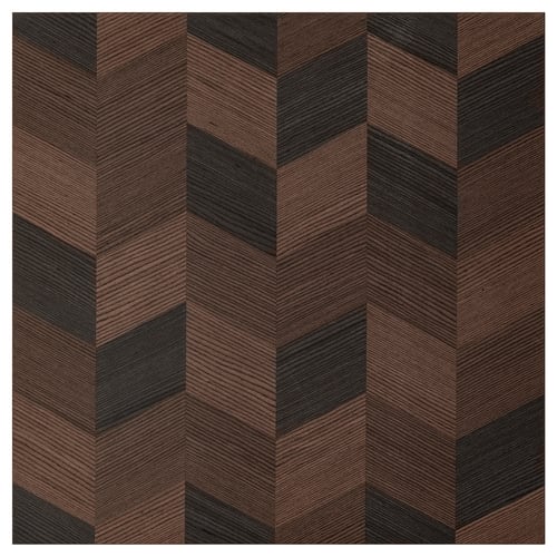 HASSLARP kitchen doors feature a brown, herringbone-patterned wood veneer with a sleek, contemporary design.