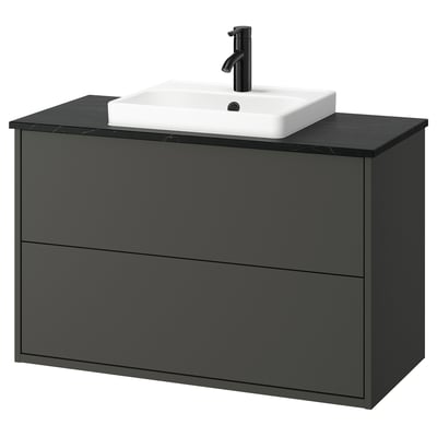 HAVBÄCK / ORRSJÖN Wash-stnd w drawers/wash-basin/tap, dark grey/black marble effect, 102x49x71 cm