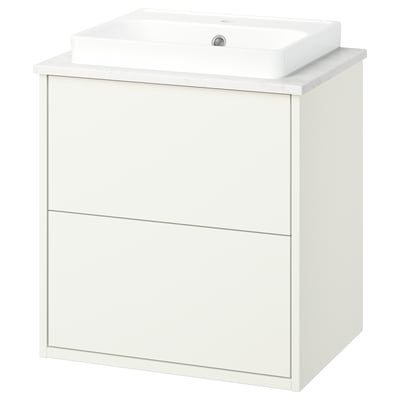 A white HAVBÄCK bathroom cabinet with a square ceramic basin on top. It has clean, modern lines and offers full drawer storage.