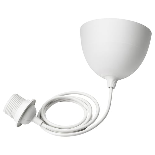 A HAVSDJUP white pendant lamp cord set with a round ceiling cup made of recycled plastic.