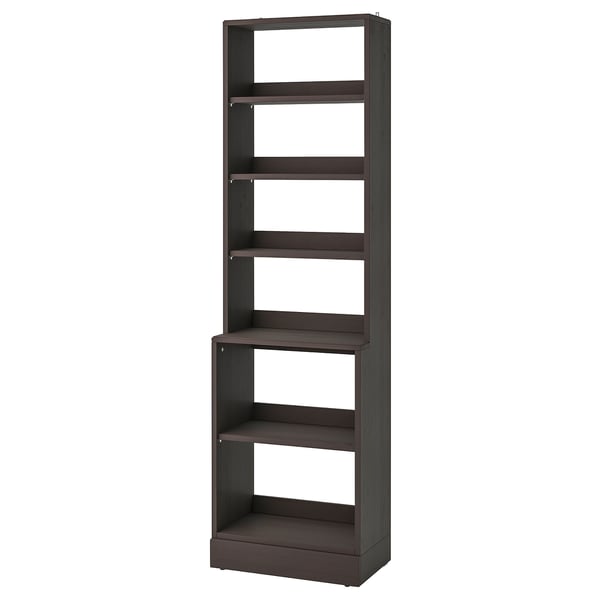 HAVSTA: dark brown wooden bookshelf with six open shelves. Tall, slim, rectangular shape for compact storage.