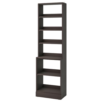 HAVSTA: dark brown wooden bookshelf with six open shelves. Tall, slim, rectangular shape for compact storage.