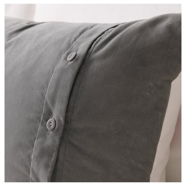 Close-up of a high-quality grey fabric with embroidered buttons, showcasing a soft and luxurious feel.