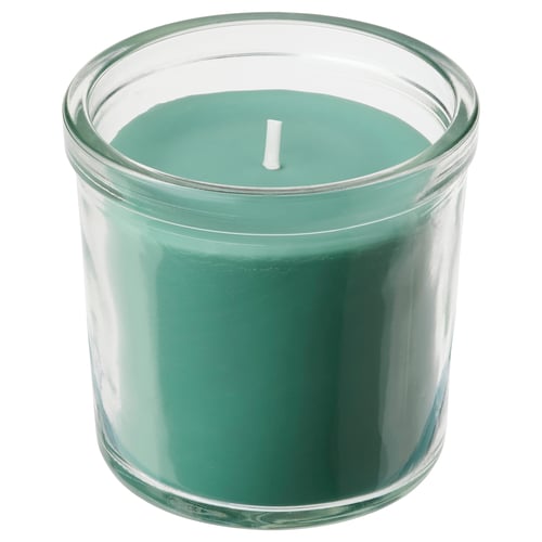 HEDERSAM candle: green, glass, round, fresh scent. Plant-based wax. Brightens home.