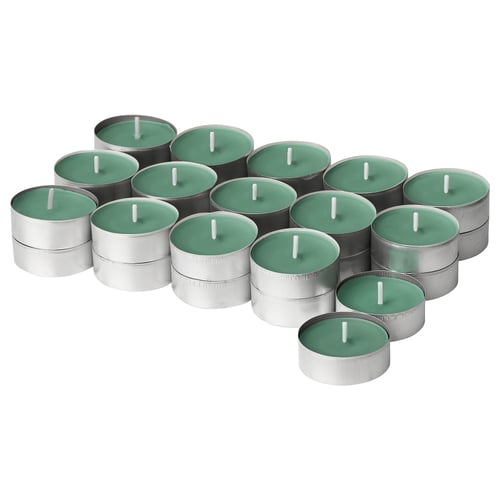 A dozen green scented candles in silver holders, neatly arranged, fresh bright atmosphere.