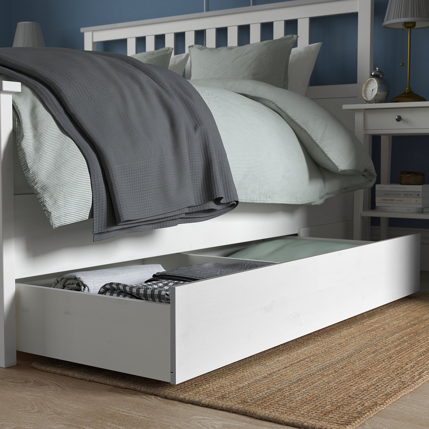 HEMNES bed frame with 4 storage boxes, white stain/Lönset, 180x200