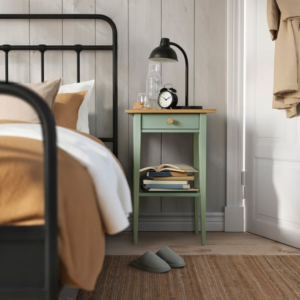 HEMNES Bedside table, grey-green/light brown stained, 46x35 cm