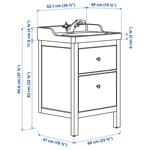 Illustration with measurements for the product: HEMNES.