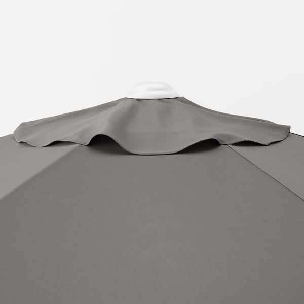 Close-up of grey parasol top, showing quality fabric and sturdy design.