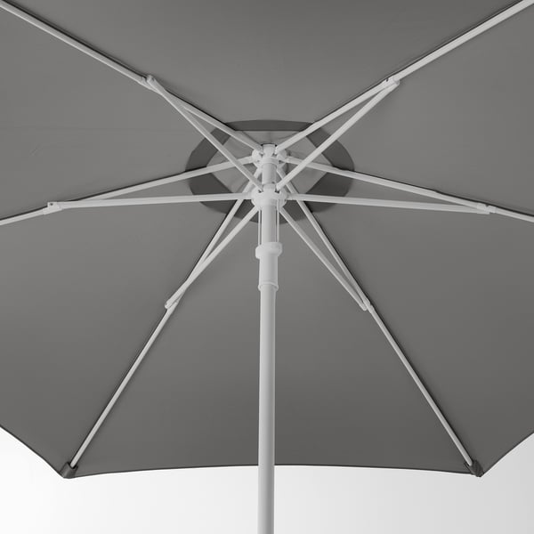 Close-up of parasol joint, showing robust design with white metal ribs and fabric.