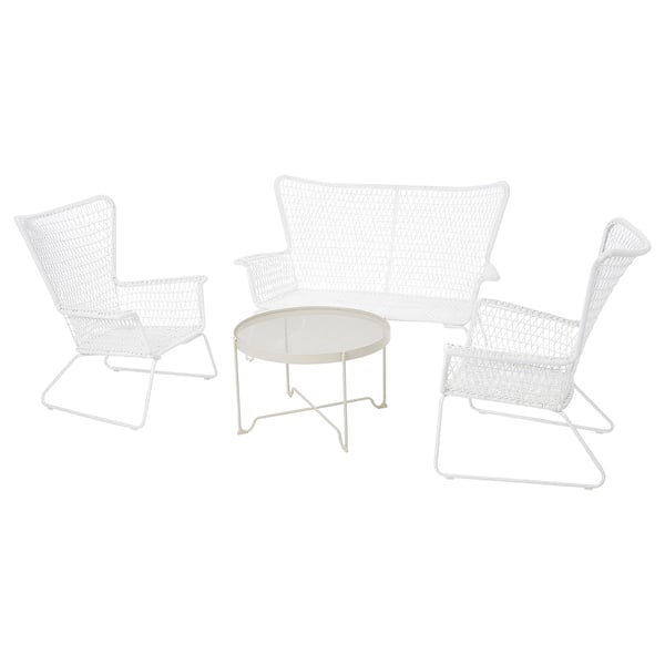 A white outdoor furniture set called HÖGSTEN, featuring a two-seat sofa, two armchairs, and a round coffee table made of steel and plastic.