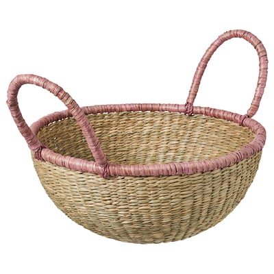HÖKRUBBA natural woven basket with pink handles, round shape, handcrafted from sedge.