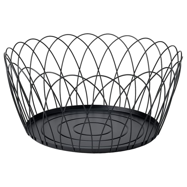 Black wire basket HÖSTAGILLE, round, intricate design, made of powder-coated steel.