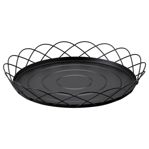 Round, black metal tray with wavy, crisscross edges, part of HÖSTAGILLE collection.