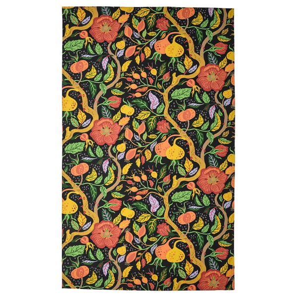 HÖSTAGILLE tablecloth: black with vibrant orange & yellow rosehips, buds, and leaves. Circular design, woven cotton.