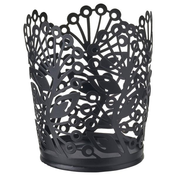 Black, intricate metal lantern with circular patterns, part of the HÖSTAGILLE collection.