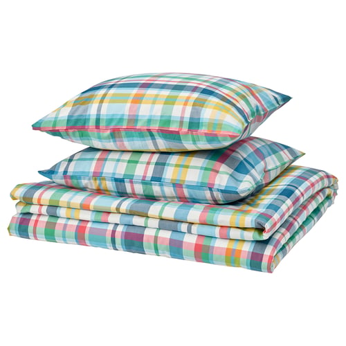HÖSTGENTIANA Duvet cover and 2 pillowcases, multicolour/check, 240x220/50x60 cm
