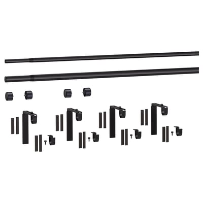 Black HUGAD & räcka extendable curtain rod kit. Includes rods, brackets, holders, and finials for double-layer setup.