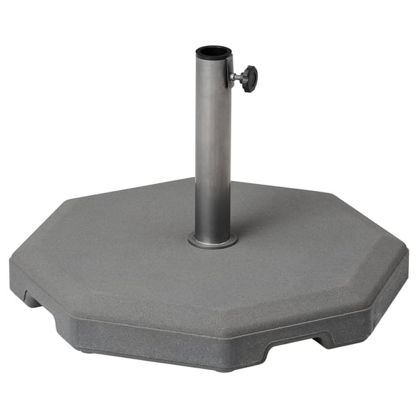 HUVÖN parasol base, grey, octagonal concrete with stainless steel pole, includes handles for easy movement.