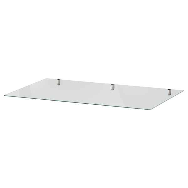 Glass shelf, clear IDANÄS, rectangular with metal clips.
