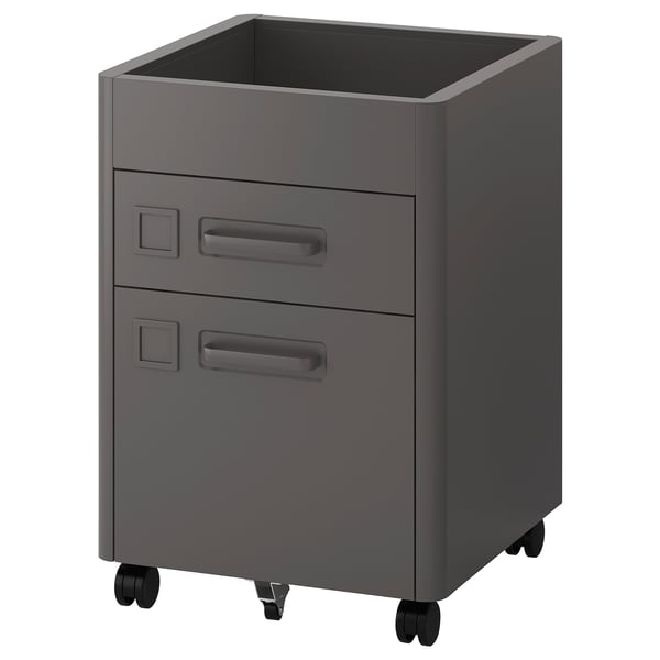 Grey steel IDÅSEN filing cabinet with 2 drawers, smart lock, castors
