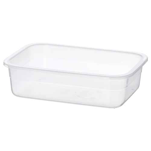 Clear plastic rectangular food storage container by IKEA 365+, designed for leftovers, durable and stackable.