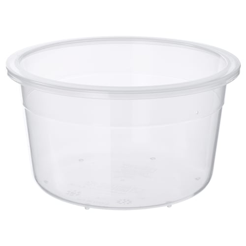 IKEA 365+ clear plastic round food container; stackable, durable, bpa-free.