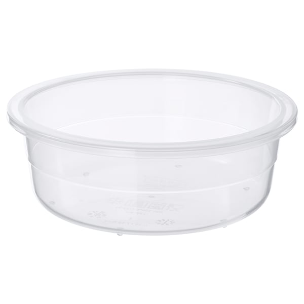 A clear, round IKEA 365+ food container made of durable plastic, designed for storing leftovers.
