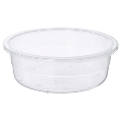 A clear, round IKEA 365+ food container made of durable plastic, designed for storing leftovers.