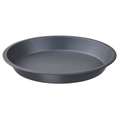 A round, grey INBAKAD pie dish, made of steel with a non-stick coating, designed for baking desserts.