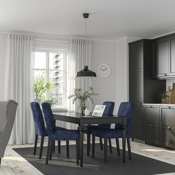 INGATORP / BERGMUND Table and 4 chairs, black/black Kvillsfors dark blue/blue, 155/215 cm