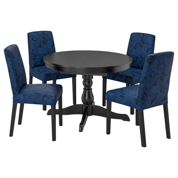INGATORP / BERGMUND Table and 4 chairs, black/Kvillsfors dark blue/blue, 110/155 cm
