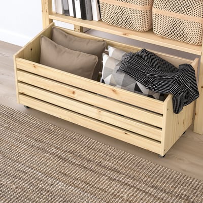 IVAR Storage box on wheels, pine, 78x30 cm