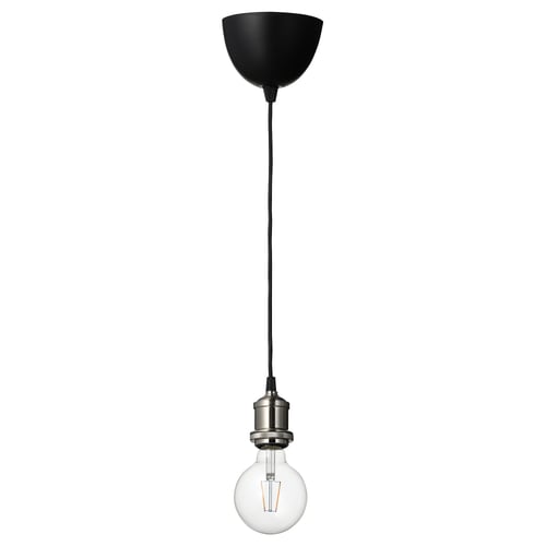 Jallby pendant lamp with black cord, nickel holder, and clear bulb.