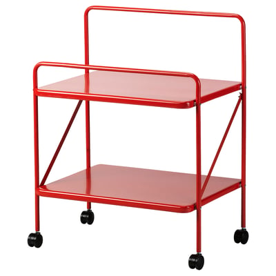 Red metal trolley with two wheels, rectangular top and bottom shelves, sleek frame, part of IKEAs JÄRLÅSA collection.