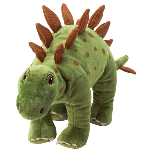 Soft green dinosaur toy with brown spikes, friendly face, plush fabric.