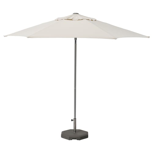 JOGGESÖ ivory patio umbrella, adjustable, aluminium pole, polyester canopy, stands on concrete base.
