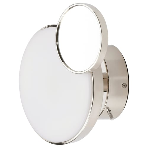 Modern nickel wall lamp with detachable mirror, ideal for bathrooms. Round frosted shade and sleek frame offer focused and diffused lighting.