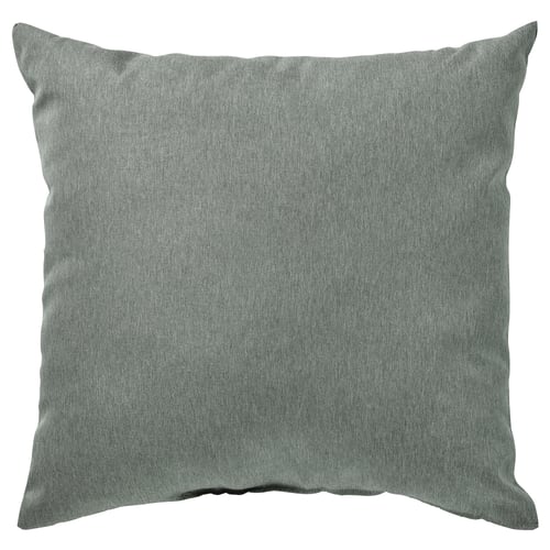 Square KÄRLEKSGRÄS cushion, greenish-gray, soft, forest green melange.